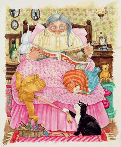 Grandma and 2 cats and a pink bed by Linda Benton